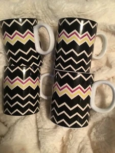 Set of 4 MISSONI for Target Black Zig Zag Chevron Stoneware Coffee Cups Mugs NEW - Picture 1 of 2