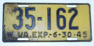 West Virginia 1945 VTG License Plate Auto Tag 6-30-45 35-162 W.VA. EXP. War USA - Picture 1 of 12