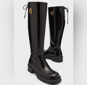 Versace Alia Knee High Tall Black Leather Platform Medusa Moto Boots, Corset Tie - Picture 1 of 10