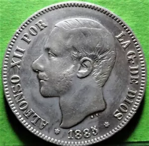 ALFONSO XII, 5 Pesetas, 1885, *18-85, Silber, SPANIEN. - Bild 1 von 2