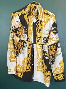 Size 39 Gianni Versace Baroque Tie 100% Silk Black Gold Men’s Long Sleeve Shirt  - Picture 1 of 11