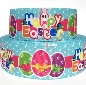 GROSGRAIN RIBBON 5/8", 7/8", 1.5" & 3" Happy Easter Eggs Bunny Bows Printed - Picture 1 of 1