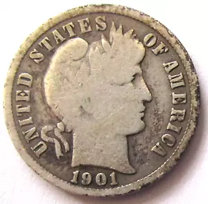 1901-s Barber Dime Good/Very Good KEY DATE Low Mintage 593,000 - Picture 1 of 3