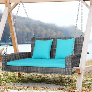 2-Person Patio PE Wicker Hanging Porch Swing Bench Chair with Soft Cushion - Picture 1 of 9