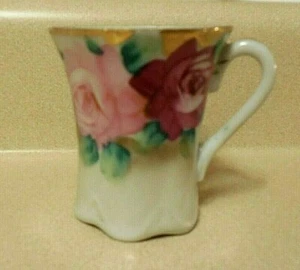Vintage Chocolate Cocoa Cup -  Pink & Maroon Roses  - Gold Embellishment 3" Tall - Picture 1 of 5