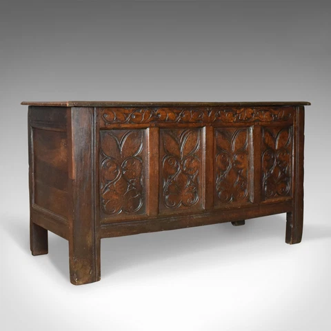 Antique Coffer, Large, English Oak Chest, Early 18th Century Trunk Circa 1700 Cover