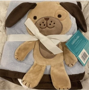 NWT Tiddliwinks Blue Brown Puppy Dog Fleece Baby Boy Applique Blanket - Picture 1 of 1