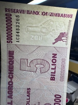 Auténtico cheque especial AGRO de 5 mil millones de dólares de Zimbabue, billete de papel moneda Foto 1 de 4