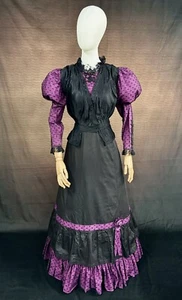 Antique Victorian Black & Purple Gown, 2pc Vintage 1890s Dress Sz Large/XL 14-16 - Picture 1 of 19