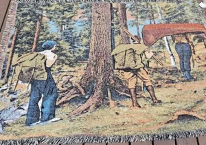 Woven Blanket Tapestry Of People Hiking With Conoes 100% Cotton USA Tassel  - Picture 1 of 8