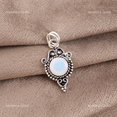925 Argento Ottobre Rotondo Milky Opale Gemma Etnico Artigianale Nuovo Pendente - Immagine 1 di 4
