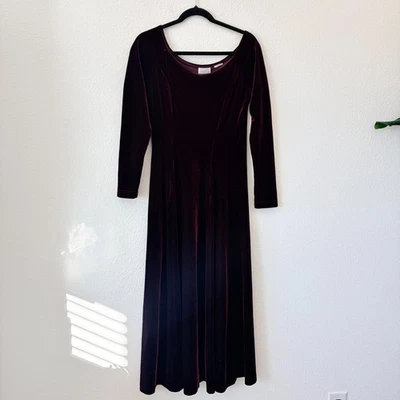 MODA INTL Velvet Dress Large Burgundy Scoop Neck Long Sleeve Fit & Flare Holiday - Image 1 of 4
