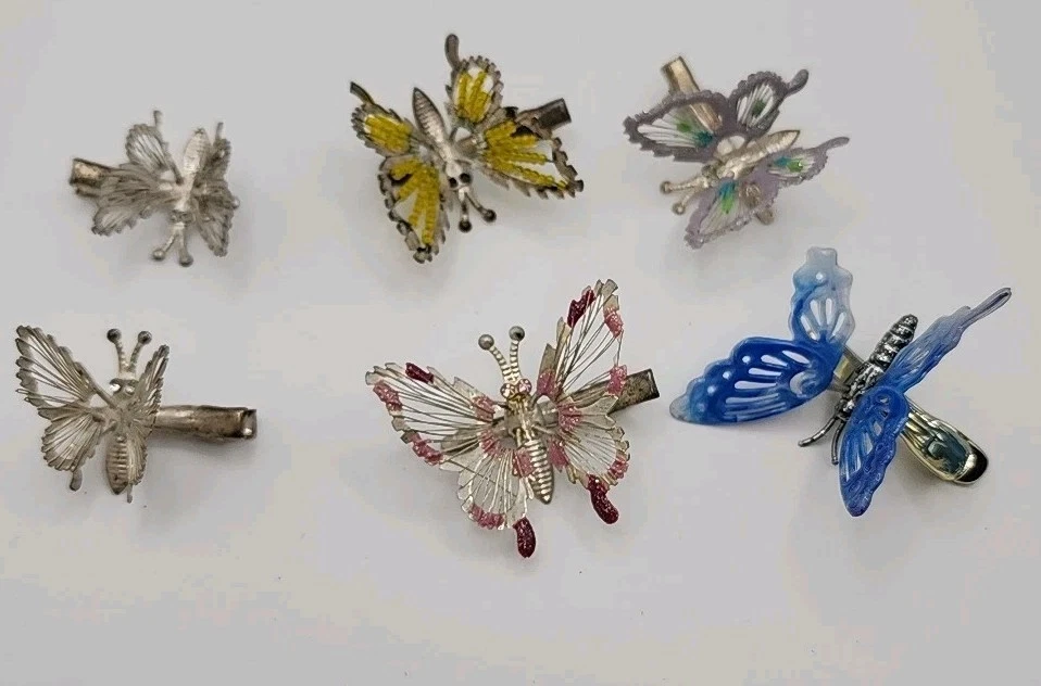 Vintage Trembler Butterfly Moving Wing Silver Tone Glitter Bead Enamel Hair Clip - Image 1 of 4