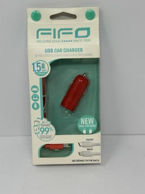 Fifo USB Car Charger 4ft dual sided cable Red Android and Apple P4 - Image 1 of 2