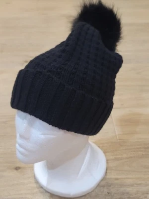 Aeropostalw Adulto Talla Única Negro Grueso Tejido Piel Pom Pom Gorro Gorra Mujer Foto 1 de 4