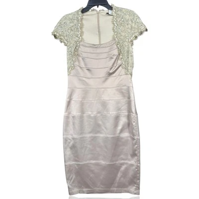 Tadashi Shoji Sequin Satin Lace Cocktail Dress Womens Size 10 Gold Taupe - Image 1 of 4