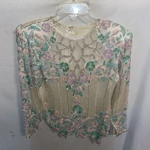 Judith Ann Creations Vintage Dressy Blouse Size Small Ivory Sequined Pearl Silk - Picture 1 of 13