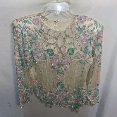 Judith Ann Creations Vintage Dressy Blouse Womens Sz S Ivory Sequined Pearl Silk - Image 1 of 4