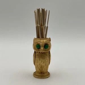 Palillo de dientes vintage FLORENZA tono dorado búho / soporte para fósforos + 12 palillos de dientes de metal - Imagen 1 de 10