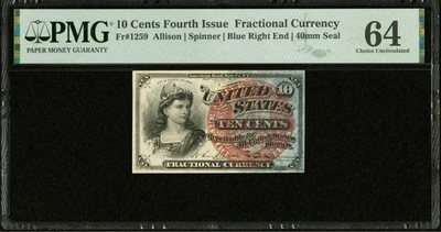 FR# 1259 Fractional 1869 Union Currency 10c Bank Note Fourth 4th Issue, PMG 64 - Image 1 of 4