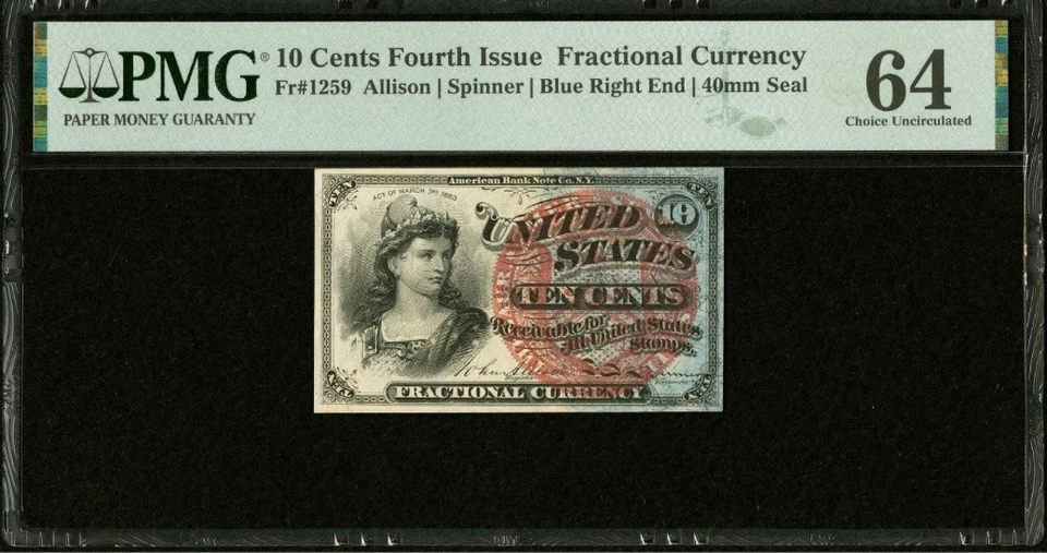 FR# 1259 Fractional 1869 Union Currency 10c Bank Note Fourth 4th Issue, PMG 64 - Image 1 of 4