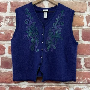 Koret Pullover Weste Damen groß blau Wollmischung Knopfleiste bestickt Blumen - Bild 1 von 8