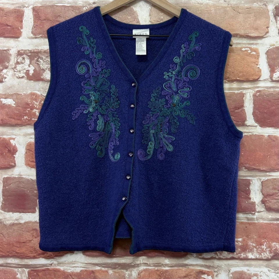 Chaleco Suéter Koret Mujer Grande Azul Mezcla Lana Botón Frontal Bordado Floral Foto 1 de 4