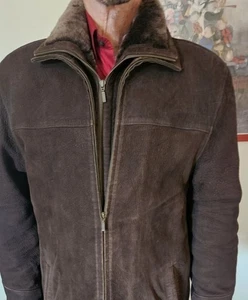 Luxurious Brown Suede Shearling Handmade Men's Coat Removable Collar L - Bild 1 von 14