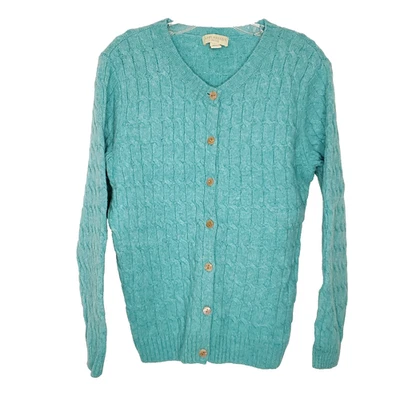 Vintage Wool Cable Knit Cardigan Sweater PM Teal Blue Crew Neck Appleseed's - Image 1 of 4