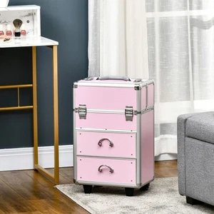 Rolling Makeup Train Case Cosmetic Trolley w/ Swivel Wheels and Keys, Black - Picture 1 of 11