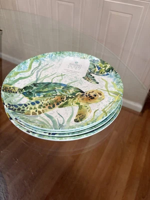 Sigrid Olsen Set of 4 Melamine Salad Plates Sea Turtle Blue Green Watercolor