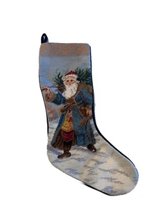 Vintage Nadelspitze WEIHNACHTSSTRUMPF Weihnachtsmann und Baum 21 Zoll - Bild 1 von 5