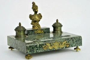 Ancien art nouveau marbre bronze P RIGUEL encrier bureau signé buste femme - Photo 1/9