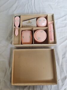 Vintage Baby Infant Girl Pink BRUSH COMB Rattle Soap & Powder Box SET 1950's 