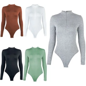 Para mujer Mangas Largas Cremallera Body Cuello Simulado Corte Alto Leotardo Prenda para el torso Mono - Imagen 1 de 32