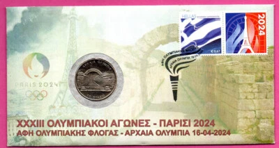 Paris 2024 Olympic Games Touch of Olympic Flame in Ancient Olympia FDC & Coin N4 - Image 1 of 4