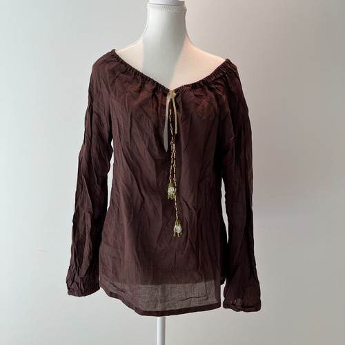 Tunica marrone Tory Burch maniche lunghe vestibilità rilassata con cravatte con perline un punto fermo estivo