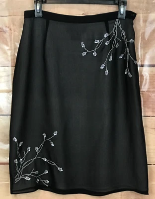 August Silk Mujeres 8 Midi Negro 100% Seda Forrado Falda Adorno Lentejuelas Ajustado Foto 1 de 4