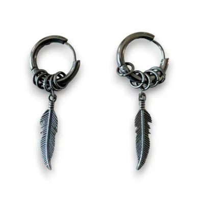 Feather Hoops Earrings Mens Dangle Stainless Steel Punk Hoop Gothic Unisex Gift - Image 1 of 4