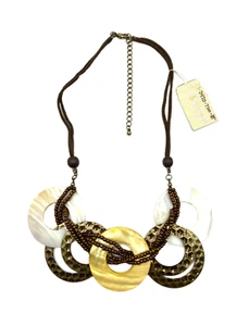 New Orion Chunky Yellow & White Open Circles Bib Necklace 22” Texture Gold Tone - Picture 1 of 24