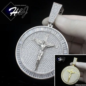 MEN 14K GOLD PLATED ICY CZ SILVER/GOLD 3D JESUS CHRIST CROSS ROUND PENDANT*BP17 - Picture 1 of 10