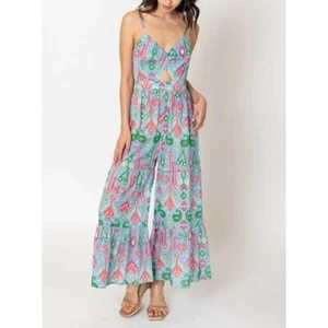 NWT En Creme Womens REMI ABSTRACT PRINTED WIDE LEG JUMPSUIT S Blue Swiss Dot - Picture 1 of 10