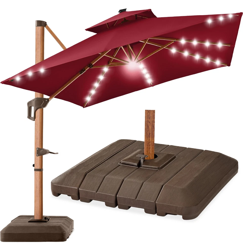 Woodgrain Pattern 2-Tier Outdoor Solar LED Cantilever Umbrella - 10x10ft - Image 1 of 1