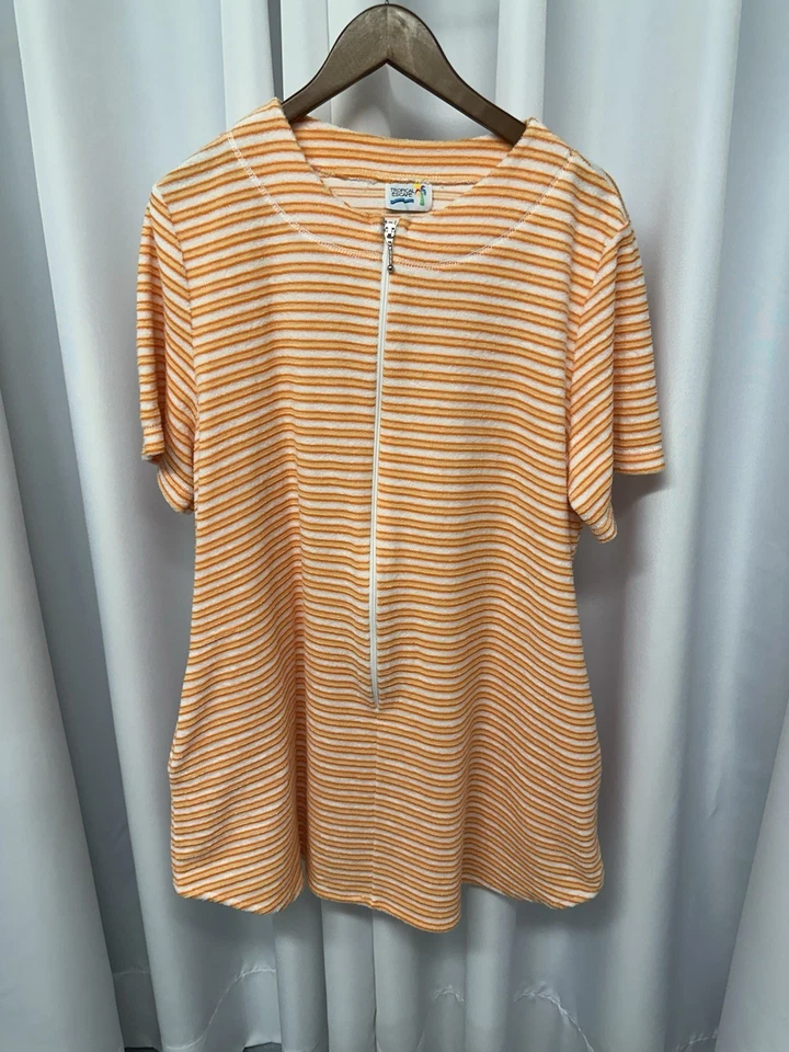 Vintage Terry cloth Cover Up Tropical Escape Orange White Striped Pockets Zipper - Image 1 of 4