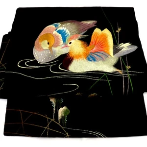 Antiker japanischer Kimono Nagoya Obi Seide Mandarine Entenmuster schwarz Damen - Bild 1 von 16
