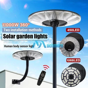 11000W Solar 360° Round Post Light 9000K LED Street Lamp PIR Garden Yard Pathway - Picture 1 of 60