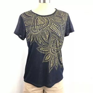 Joe Fresh Semi Sheer Burnout Top Womens Medium NEW Navy Blue Gold Floral TShirt - Picture 1 of 6