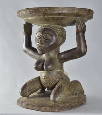 Art Africain Grand tabouret femme nue agenouillée Luba Kanyok Congo siège trône - Photo 1/4