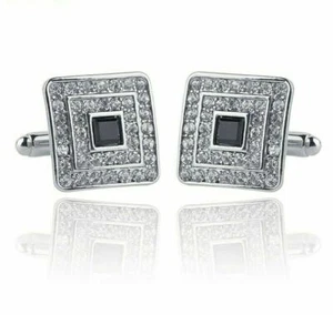 2 CT Black & White CZ Silver Square ShapeSuit 14k White Gold FN Button Cufflinks - Picture 1 of 5
