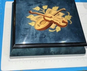 Vintage Romance Swiss Music Jewelry Box Blue Inlaid Wood Violin Design 4.5” - Picture 1 of 10